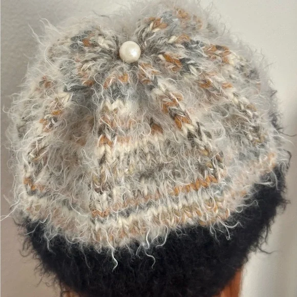 Hand Knits 2 Love Winter Hat Beanie Mohair Look Flower Pearls Designer Fashion - Picture 5 of 11